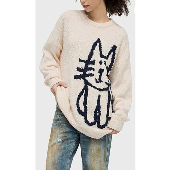 XL Aelfric Eden Oversized Cream Sweater Hand Drawn Cat Graphic Pullover Comfy - Picture 1 of 6